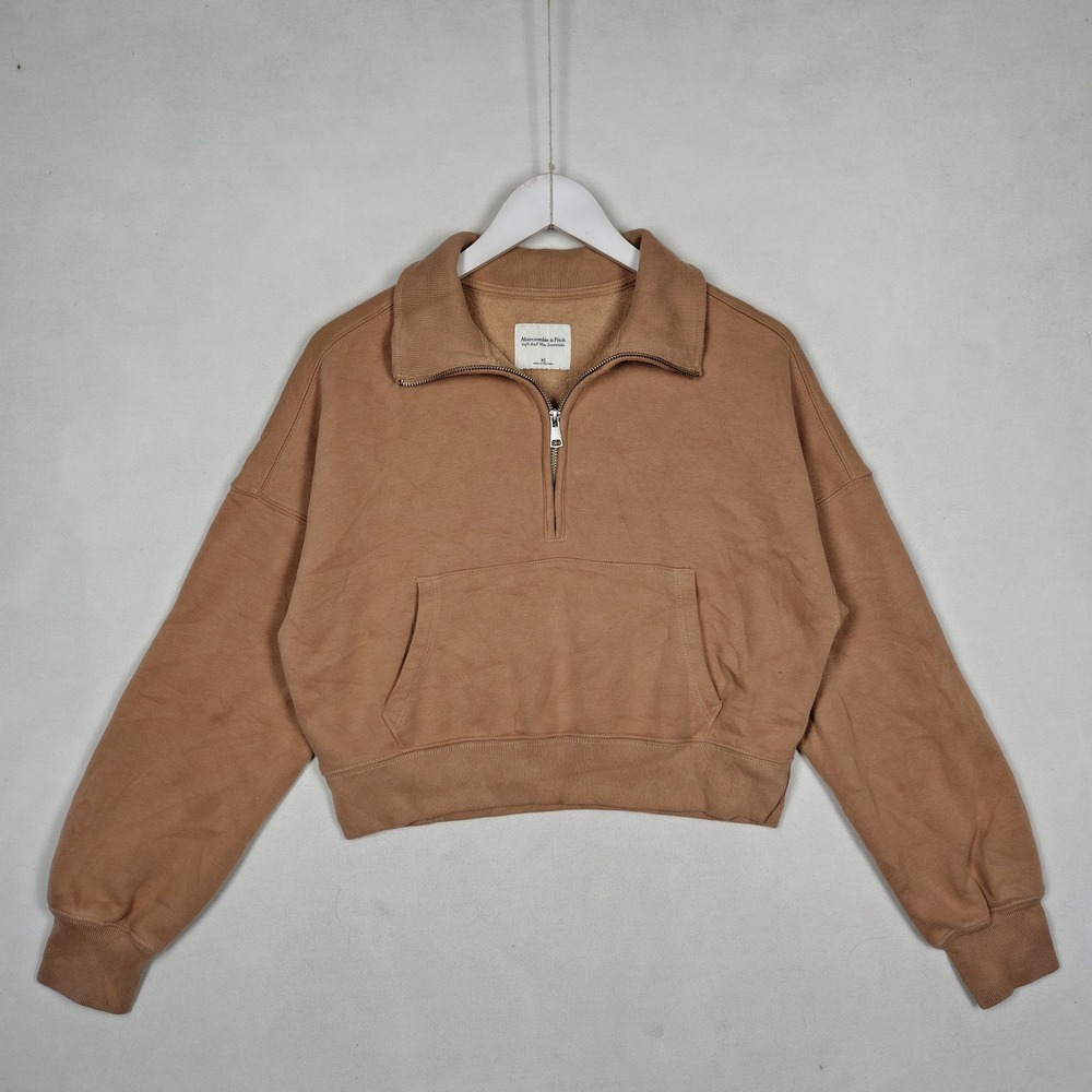 Abercrombie & Fitch Soft AF Max Essentials Quarter Zip Cropped Sweatshirt Tan XS